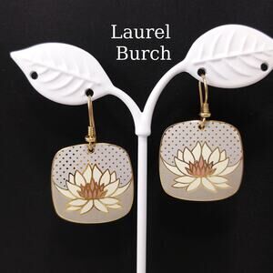 Laurel Burch Water Lily Cloisonné Earrings Gold Filled Wires Vintage 1980s